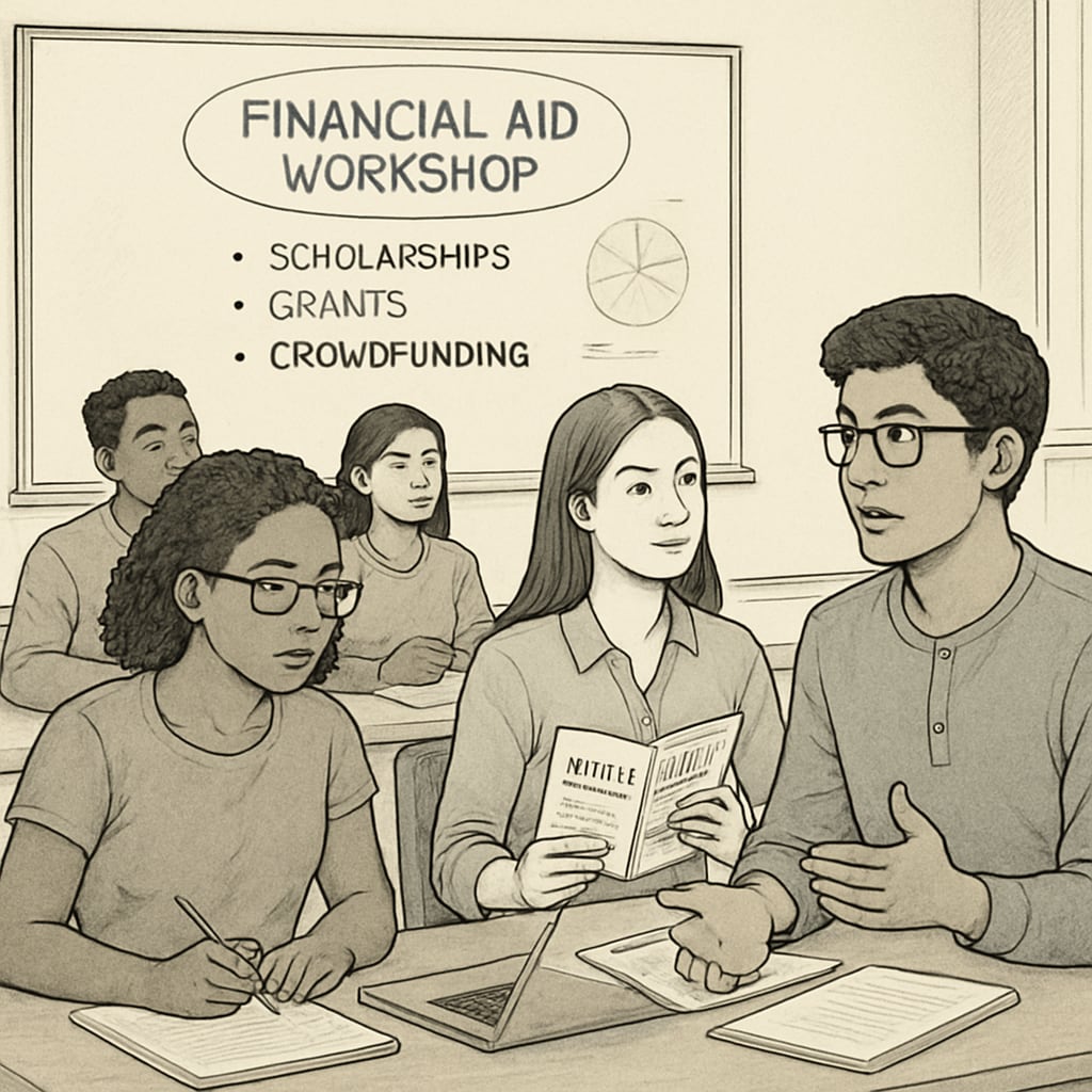 A diverse group of college students attending a financial aid workshop, discussing options like scholarships, grants, and crowdfunding. Students exploring financial aid solutions, including crowdfunding, for education funding.