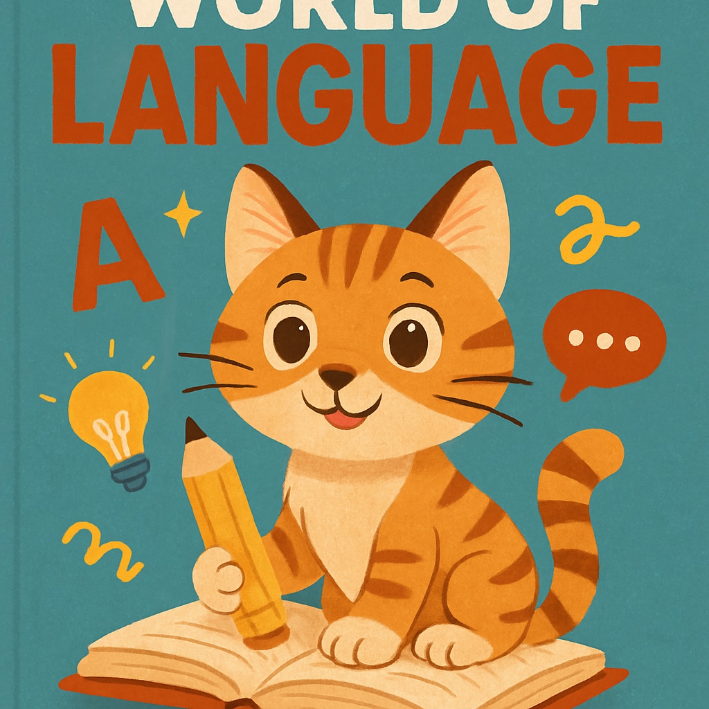 A vintage cover of the World of Language third-grade textbook featuring a playful cat illustration, symbolizing creativity and curiosity. World of Language third-grade textbook cover with a cat illustration.