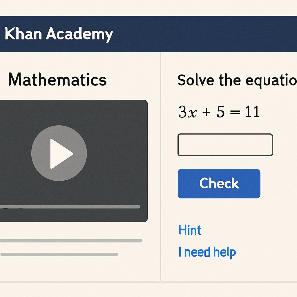 A screenshot of the Khan Academy interface, showing a mathematics lesson video with interactive practice problems. Screenshot of a math lesson video on Khan Academy, suitable for adult learners.