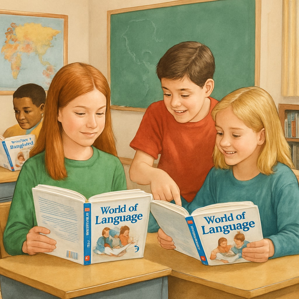 A classroom setup from the 1990s featuring students using the 1990s classroom with students using World of Language textbooks.