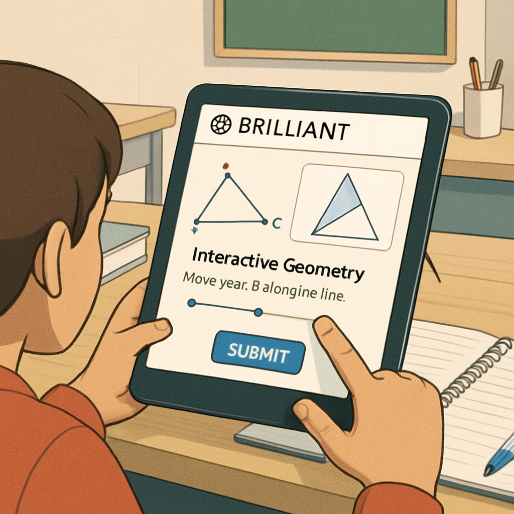 A student using a tablet to access Brilliant.org, with a focus on interactive geometry exercises. Student studying interactive geometry exercises on Brilliant.org, a resource for visual learners.