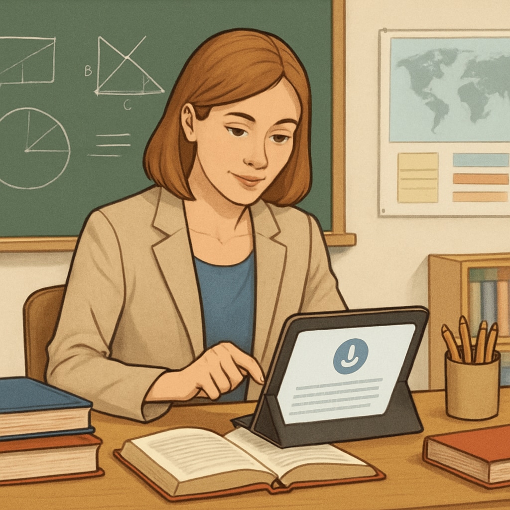A teacher using a speech-to-text app like WillowVoice to transcribe notes during a lesson. A teacher utilizing WillowVoice speech-to-text technology in a classroom setting.
