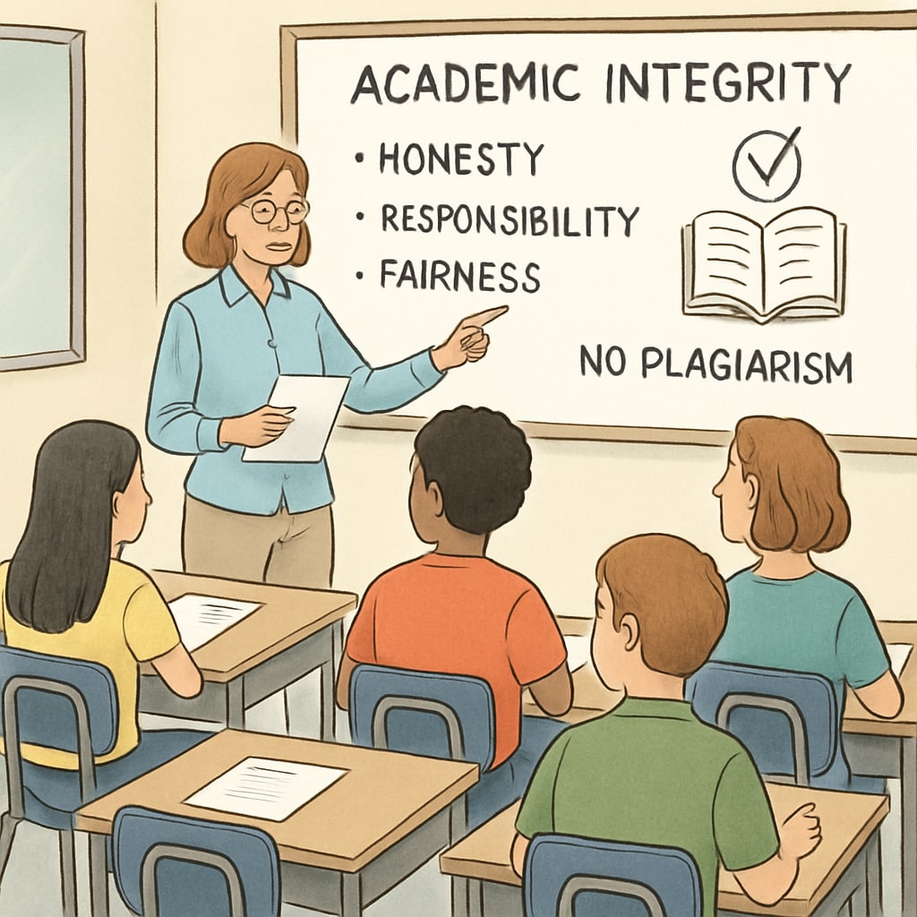 A classroom setting where students are attending a workshop on academic integrity. Students learning about academic integrity to avoid plagiarism.