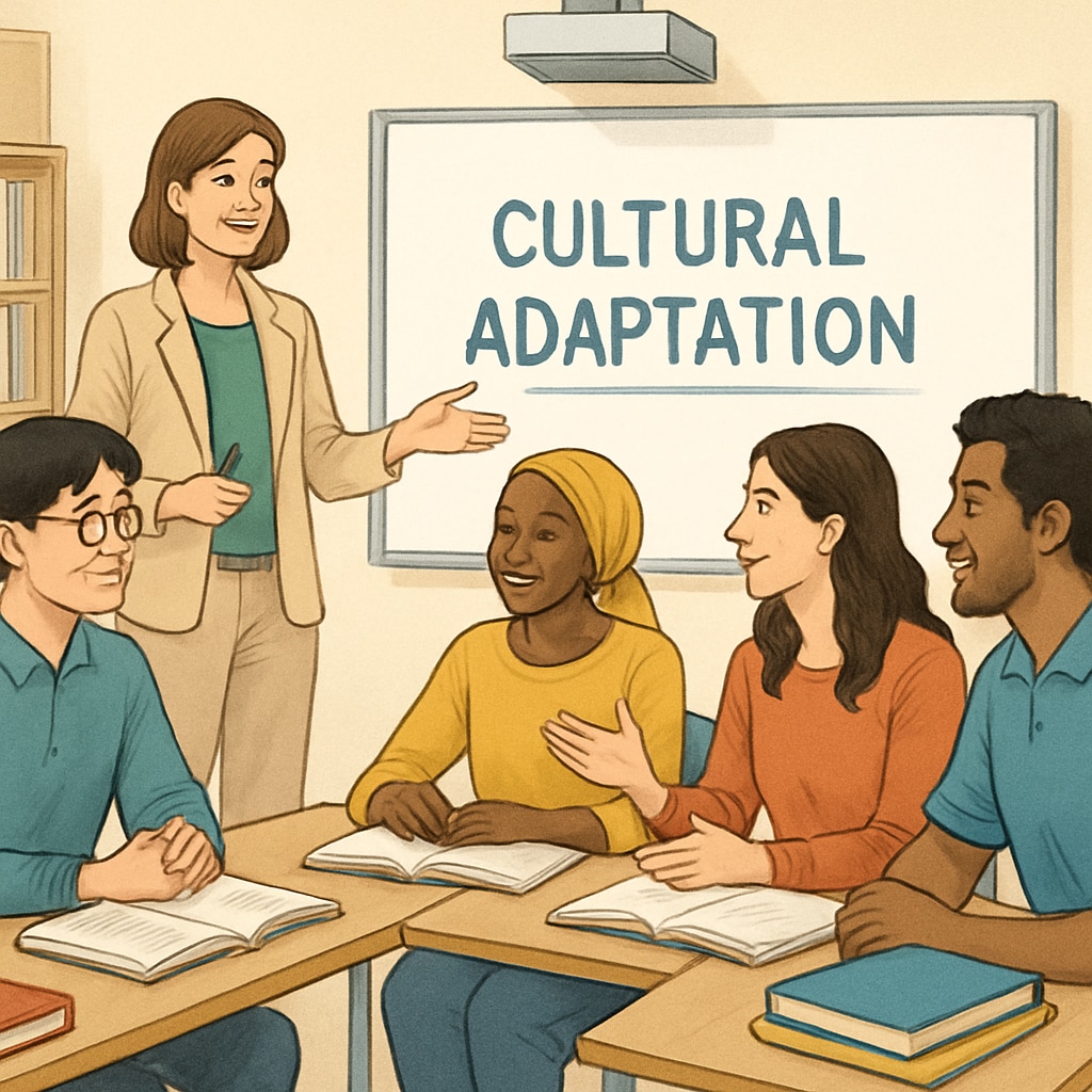 A group of international students in a classroom setting, engaging in a cultural adaptation workshop. International students participating in a cultural adaptation workshop.