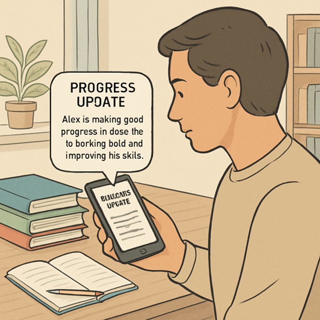 A parent reading a progress update on their phone, generated via speech-to-text technology. Parent receiving a speech-to-text-generated update via WillowVoice.