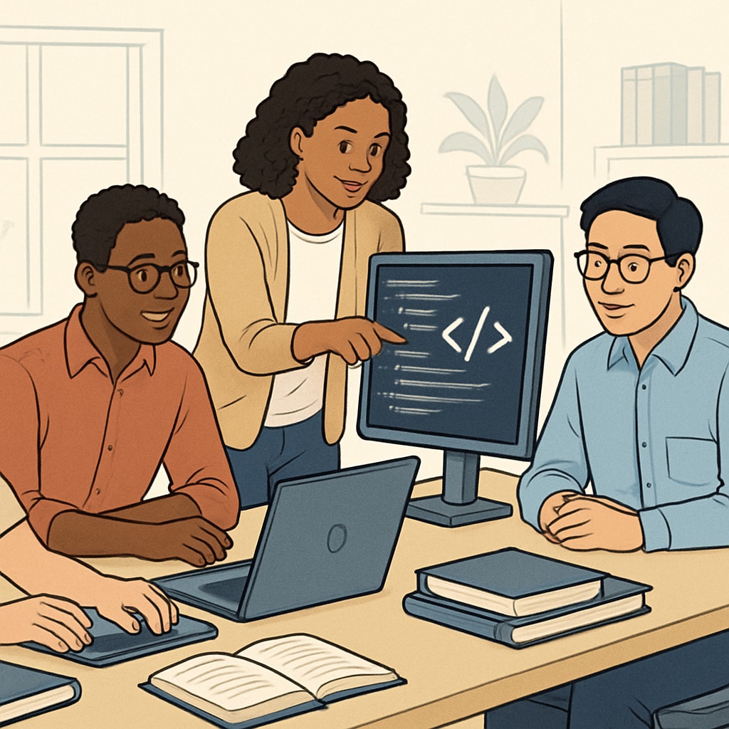 Diverse professionals working on a computer science project, representing online learning.