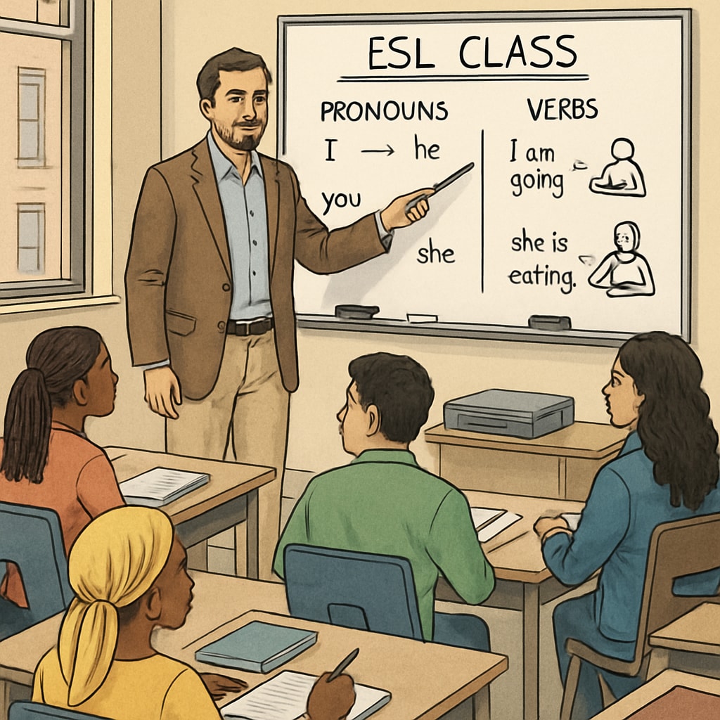 An instructor leading an ESL class at a community college in New York, with students from diverse backgrounds. ESL class for diverse international students at a community college in New York.