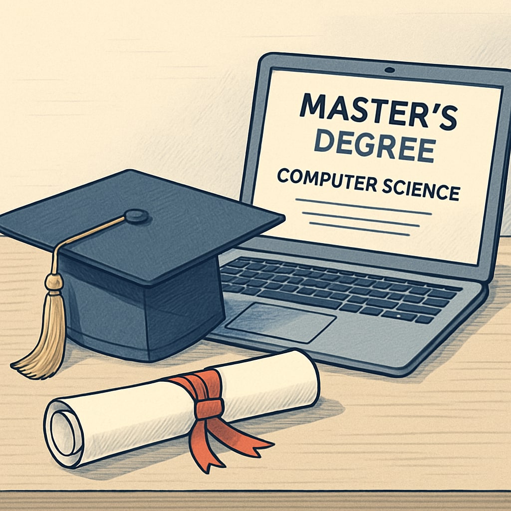 Graduation cap and diploma near a laptop, symbolizing online computer science degrees.