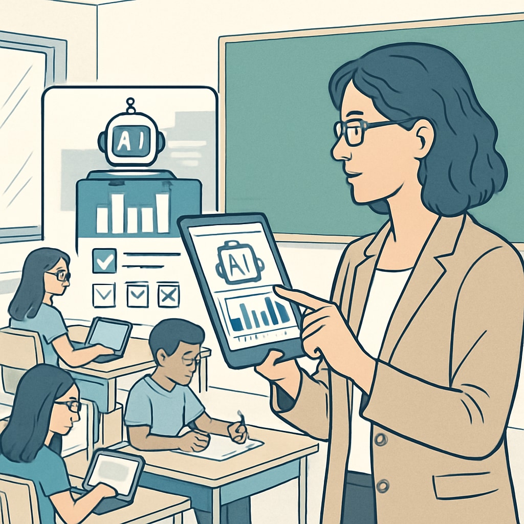A teacher using AI-powered tools to evaluate students in a classroom setting. This image highlights the role of AI in modernizing educational assessment. AI-powered classroom tools for education reform