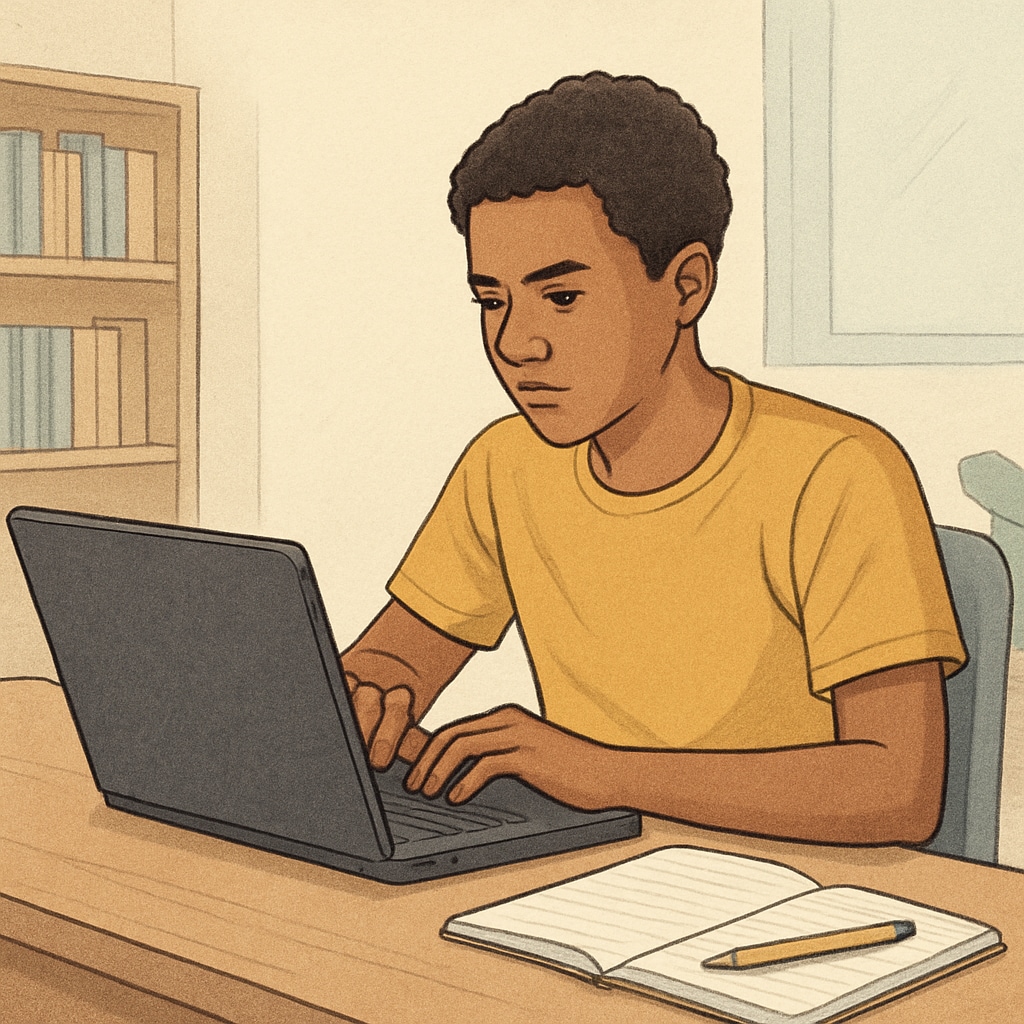 A high school student with ADHD working on a laptop, focusing on credit recovery assignments in a quiet study environment. ADHD high school student recovering credits through focused study.