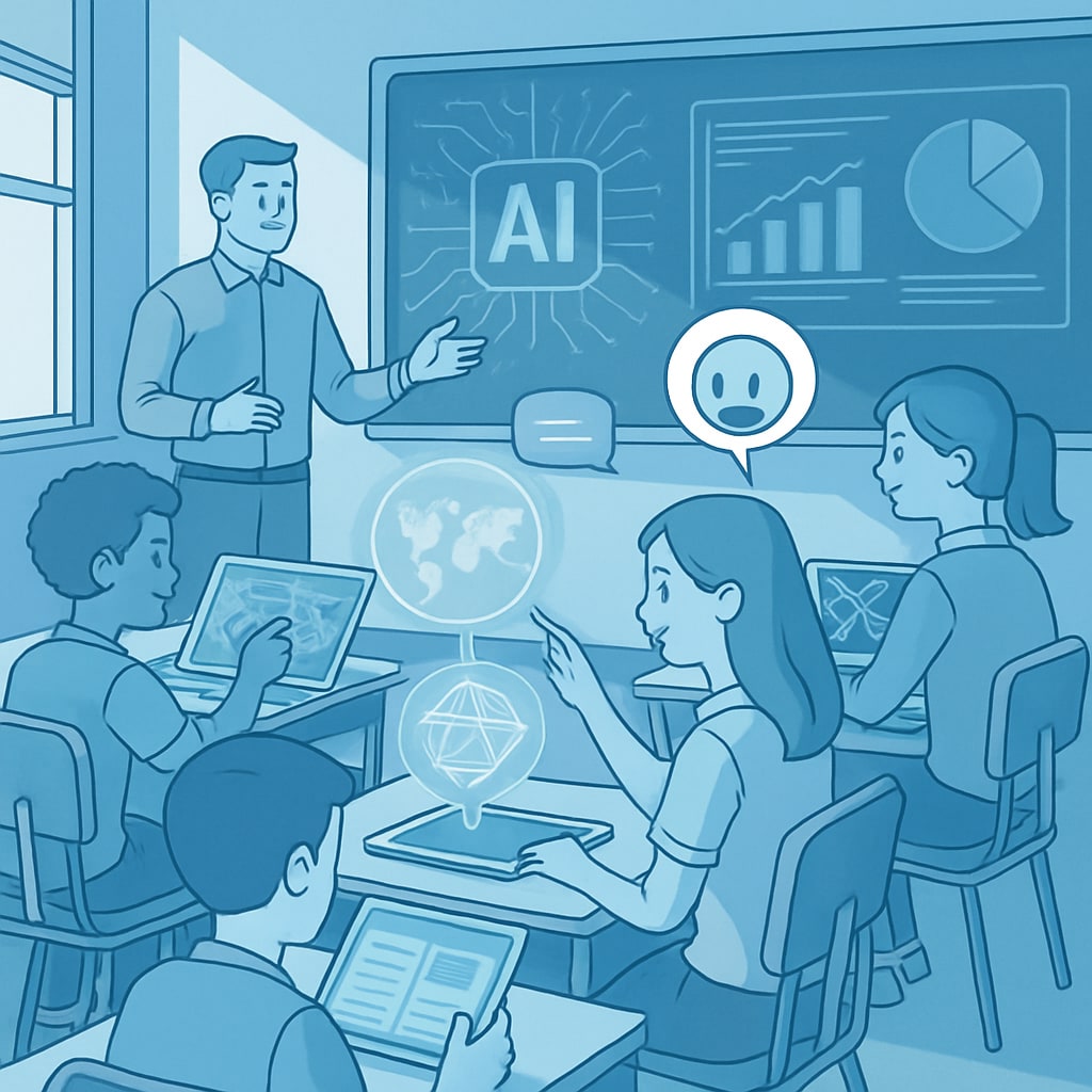 A futuristic classroom with students using AI-driven tools for interactive learning. The image illustrates the potential of AI in fostering personalized and engaging education. AI-driven tools in a futuristic classroom setting
