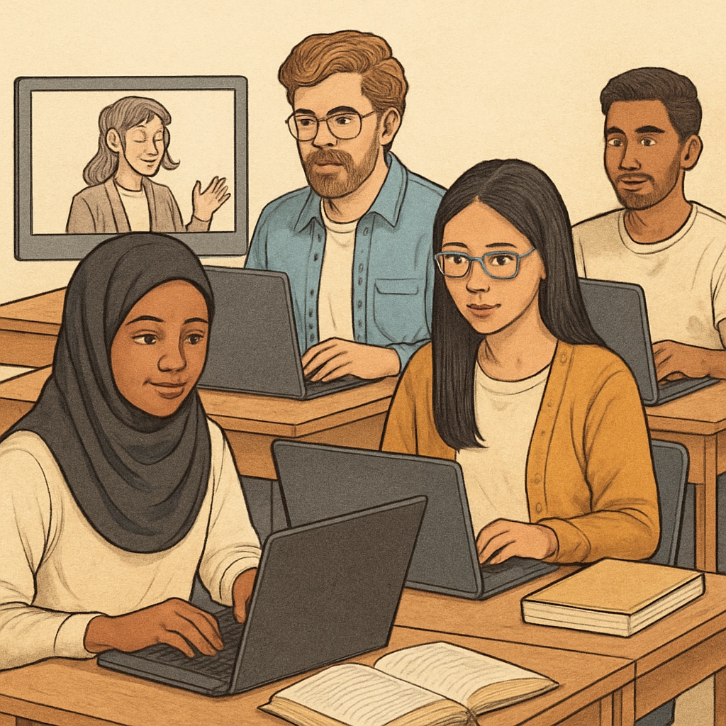 A group of diverse international students studying online, representing accessibility and affordability. International students studying online, symbolizing affordable education.