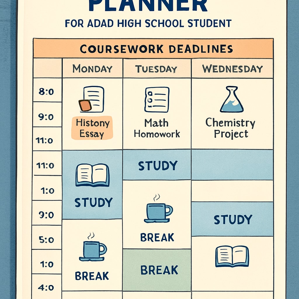 A detailed planner showing coursework deadlines, study blocks, and break times designed for an ADHD high school student. Planner for ADHD student’s credit recovery schedule.