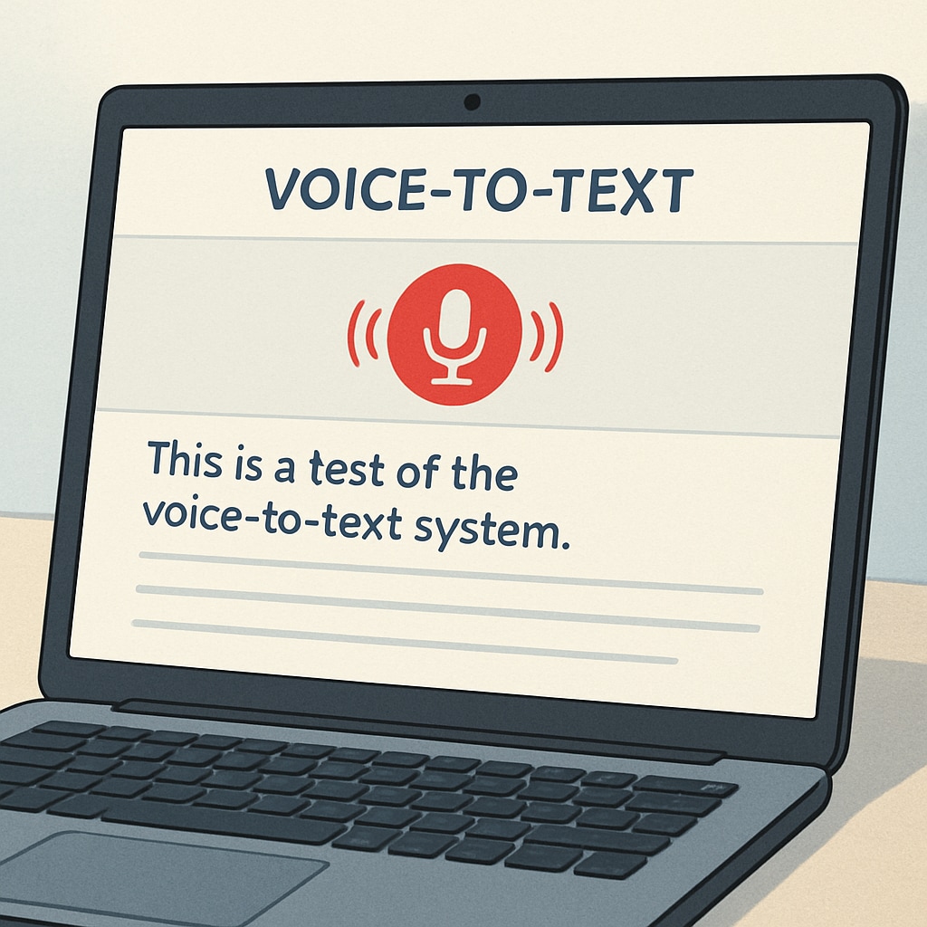 Laptop screen showing voice-to-text transcription software interface for teaching tasks.