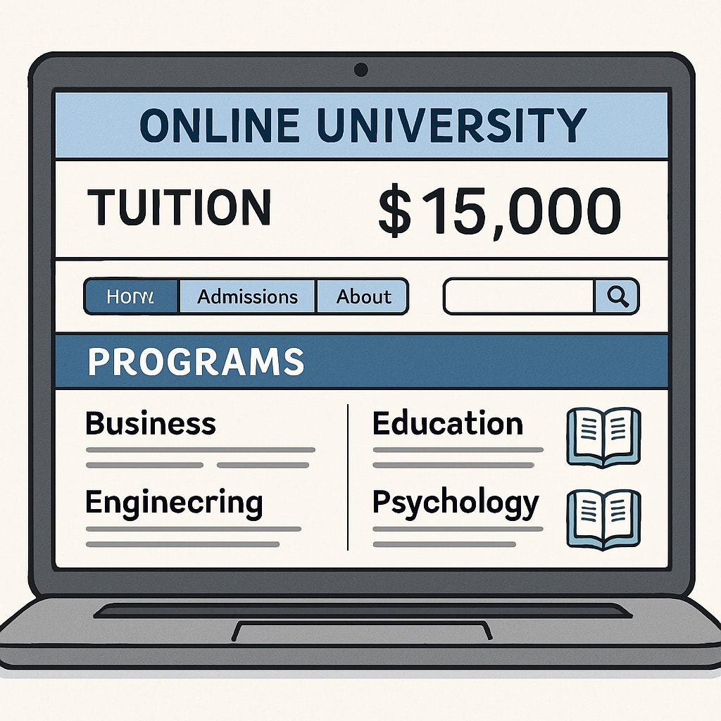 A laptop screen showcasing an online university interface with tuition and program information. Online university platform showing tuition and program details.