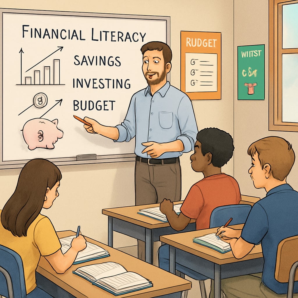 A high school classroom with students learning about financial literacy. Students in a classroom learning financial literacy, addressing tuition difficulties.