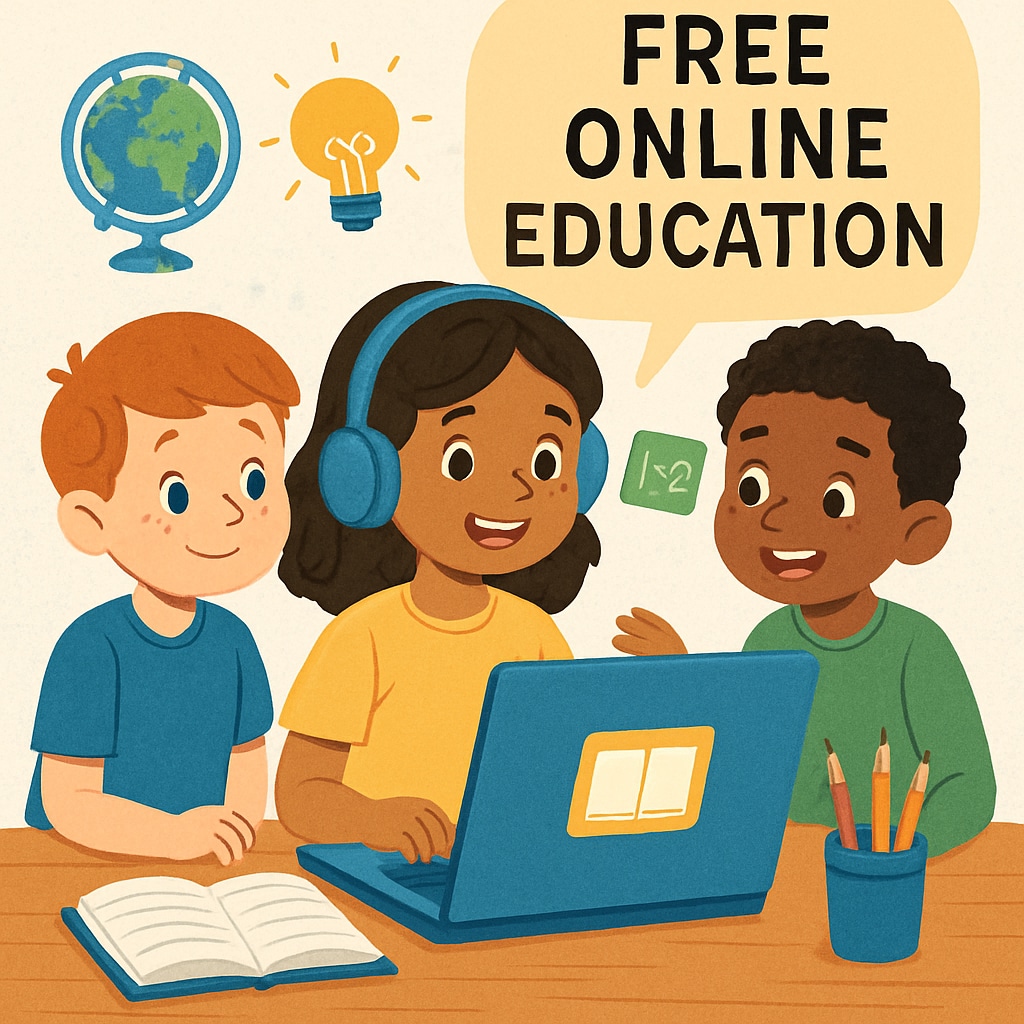 A colorful image of children using a laptop to learn online, symbolizing free online educational resources. A group of kids engaged in online learning, representing free education websites.