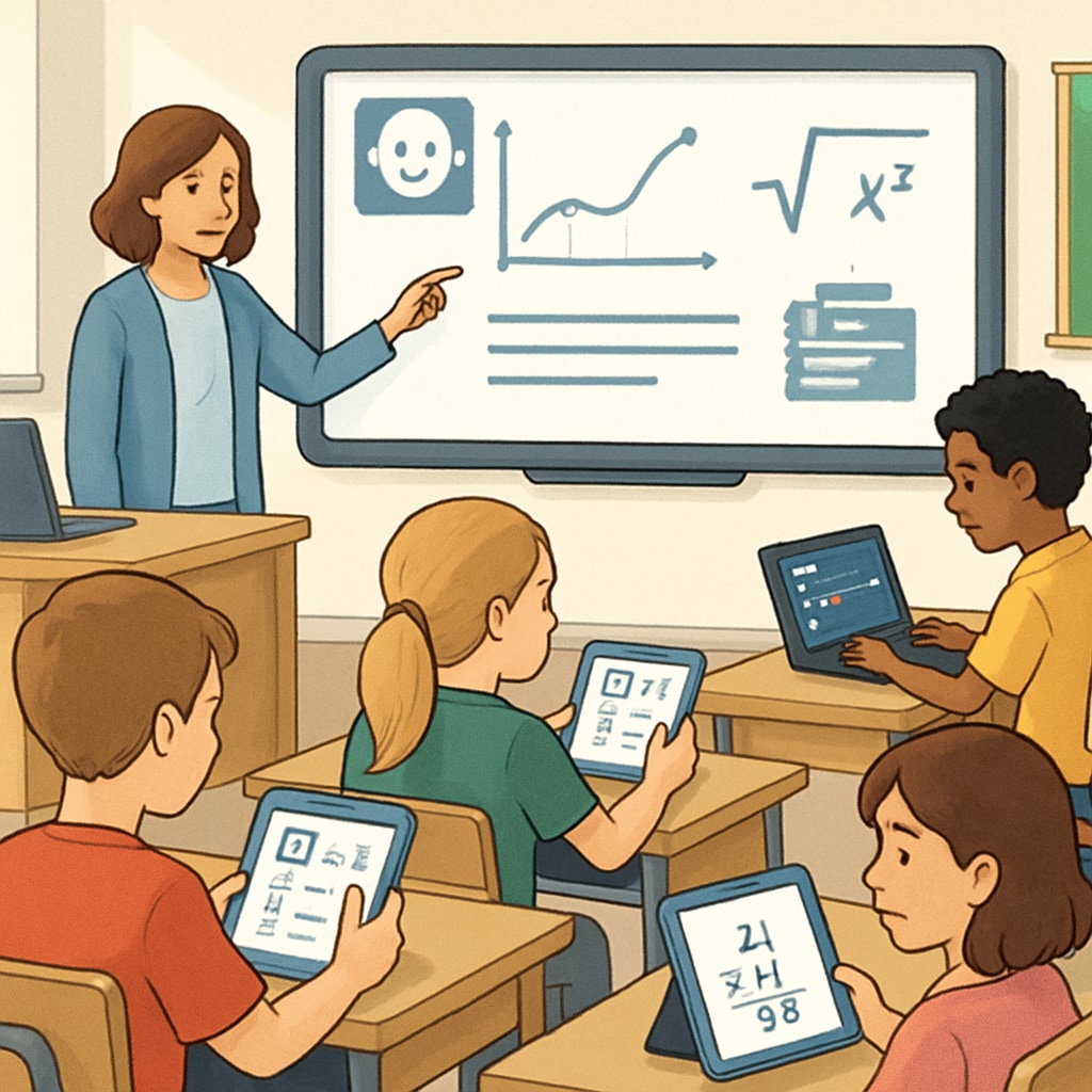 A classroom equipped with AI-driven learning tools, showing students working on personalized digital assignments. AI-driven classroom tools for personalized learning in K12 education.