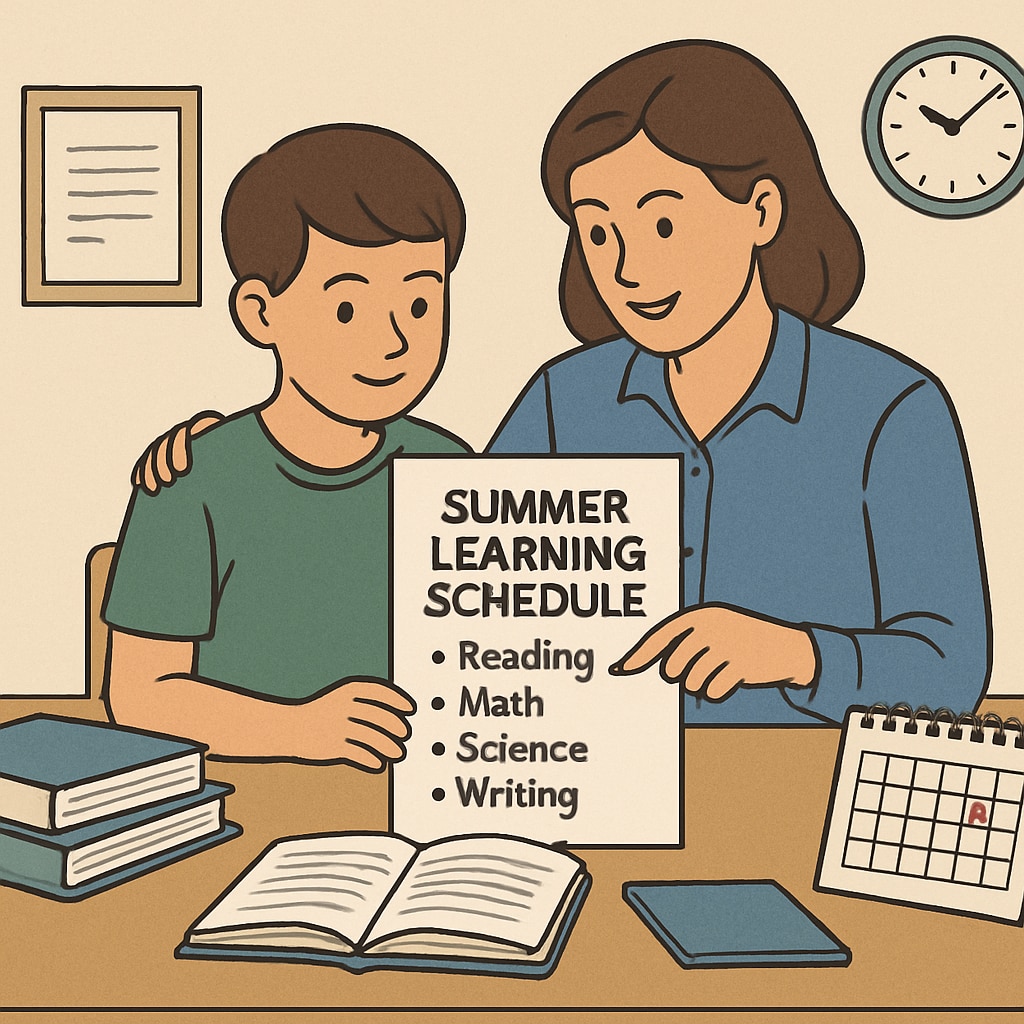 An image of a parent and child reviewing a summer learning schedule together, highlighting structured education. A parent and child planning summer learning activities, reflecting early education and free learning resources.