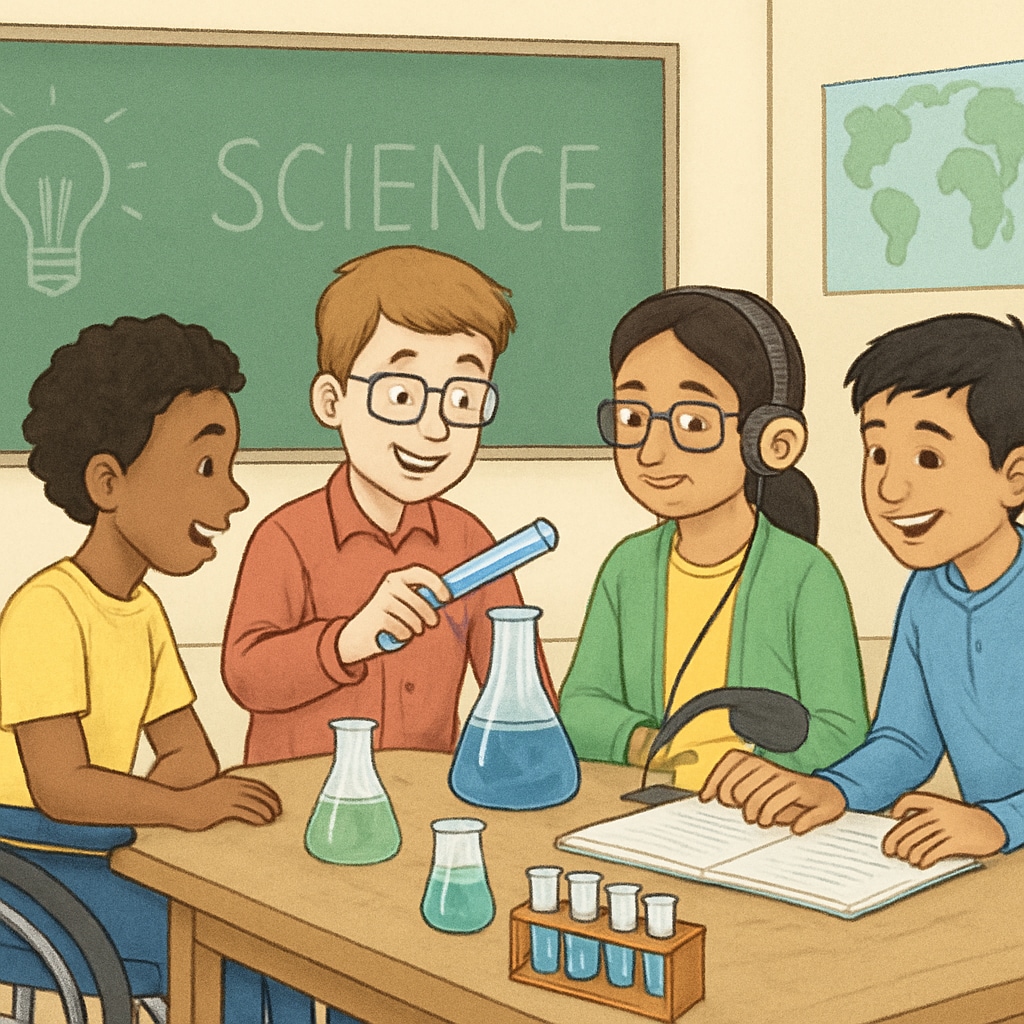 A classroom setting with diverse students, including a wheelchair user and a student with assistive technology, working together on a science experiment. Diverse classroom with special needs students collaborating on a science experiment.