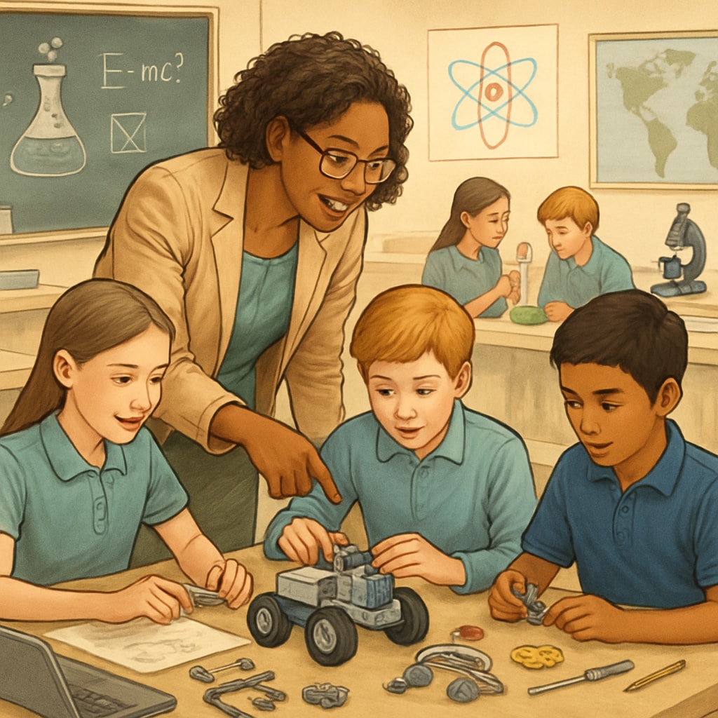 A teacher guiding a group of gifted students through a challenging STEM activity. The teacher is providing hands-on help while students work collaboratively. Teacher working with gifted students on STEM challenges