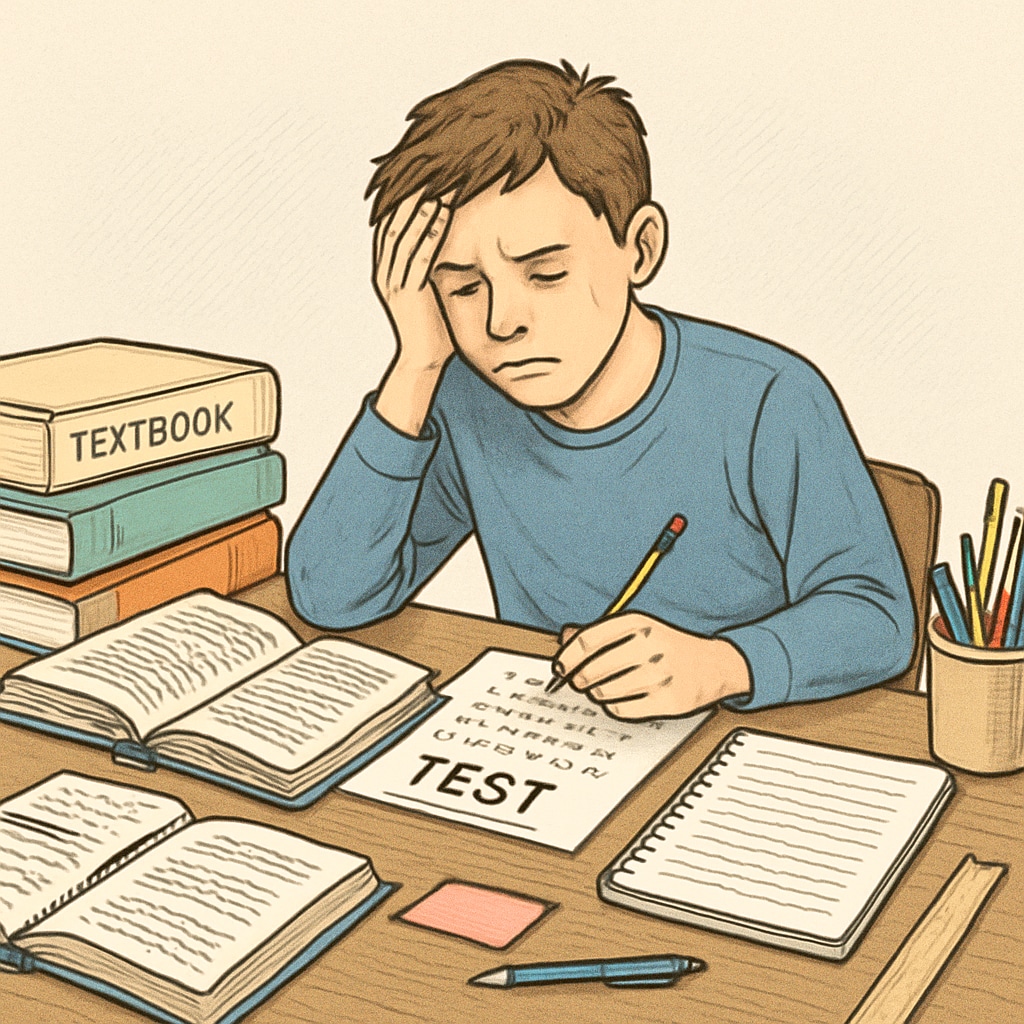 A stressed student with learning materials spread across their desk, struggling to prepare for a standardized test. Student with learning challenges preparing for an exam.