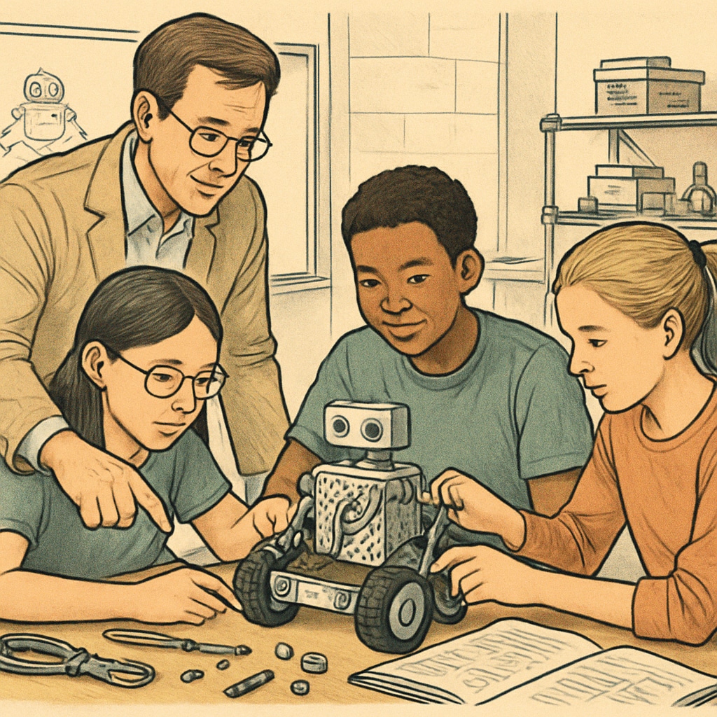 Students collaborating on a robotics project under the guidance of a mentor. The scene shows engagement and focus as students solve problems. Gifted students working on robotics with a mentor
