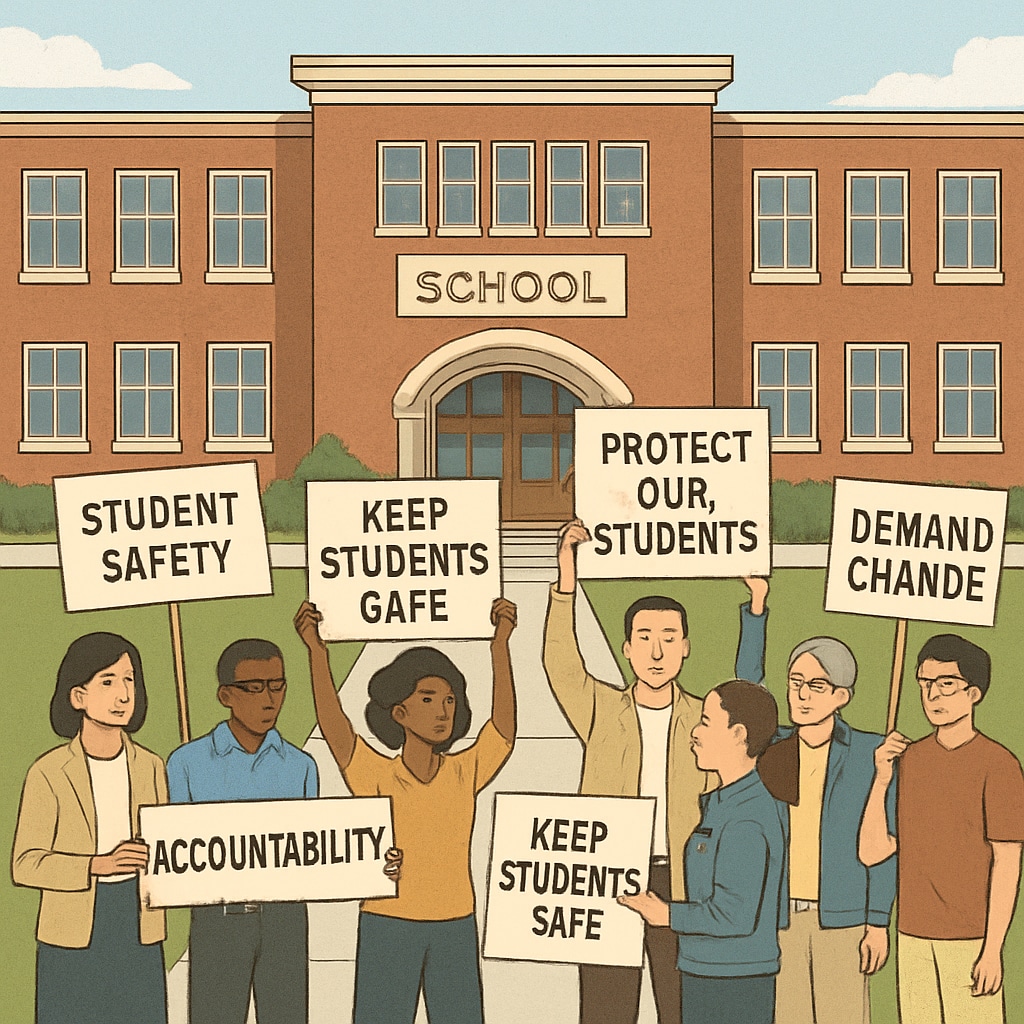 A peaceful protest in front of a school building, with community members holding signs advocating for student safety and accountability. Community members protesting for student safety and accountability in front of a school.