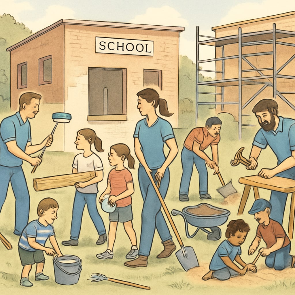 Parents and children engaging in outdoor activities during school renovation, emphasizing active collaboration and adaptation. Family adaptation strategies during school renovation challenges.