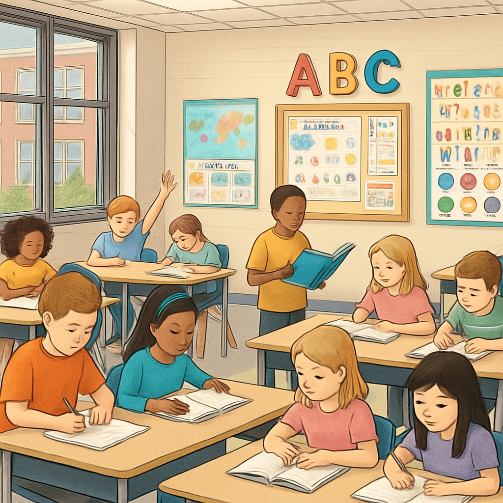 An elementary classroom set up inside a high school campus, featuring desks, educational posters, and students engaged in activities. Temporary school facilities for elementary students in high school classrooms