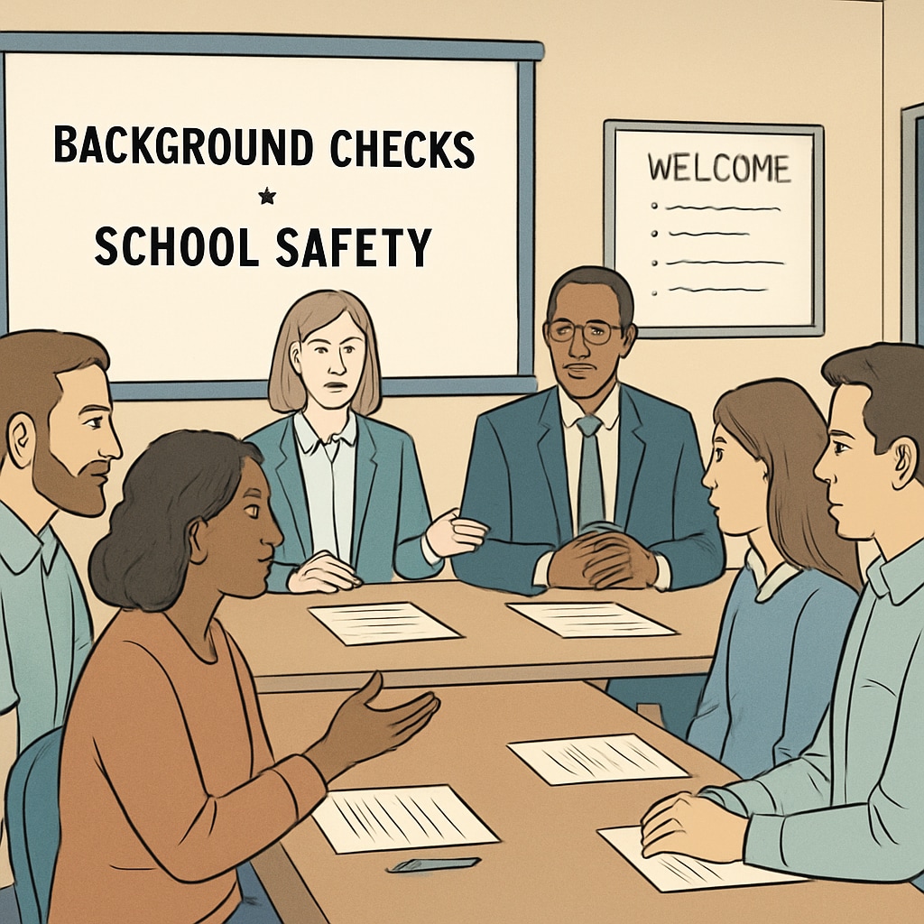 A public meeting where concerned parents and school officials discuss policies on background checks and school safety. Parents and school officials discussing background checks and student safety policies.