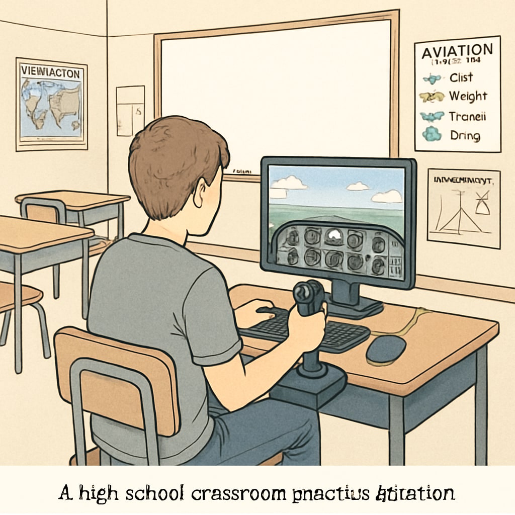 A high school student using a flight simulator in a classroom setting to practice aviation skills. High school student practicing aviation skills on a flight simulator.