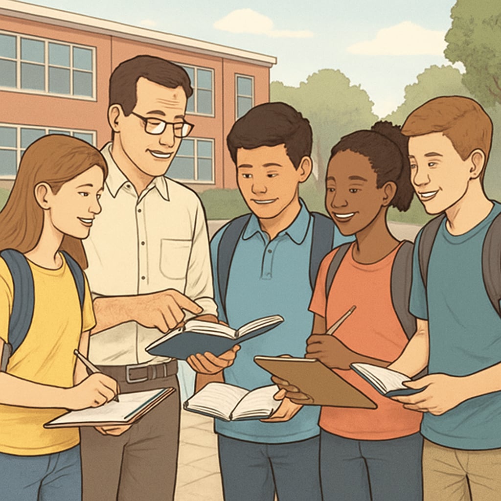 A group of young students participating in an outdoor activity on a high school campus, accompanied by their teacher. Elementary students adapting to temporary school facilities through outdoor activities