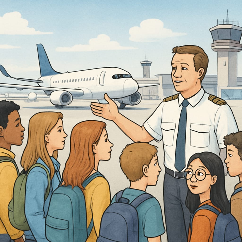 A group of high school students touring a local airport, guided by a professional pilot. High school students visiting a local airport with a professional pilot.