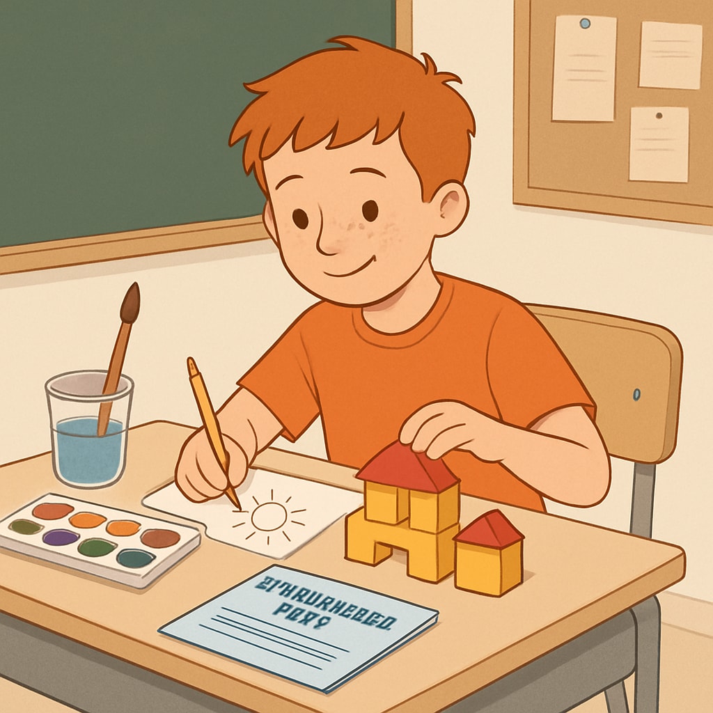 An ADHD student concentrating on creative tasks instead of standardized testing, highlighting their unique strengths. ADHD student working creatively, demonstrating strengths beyond standardized testing.