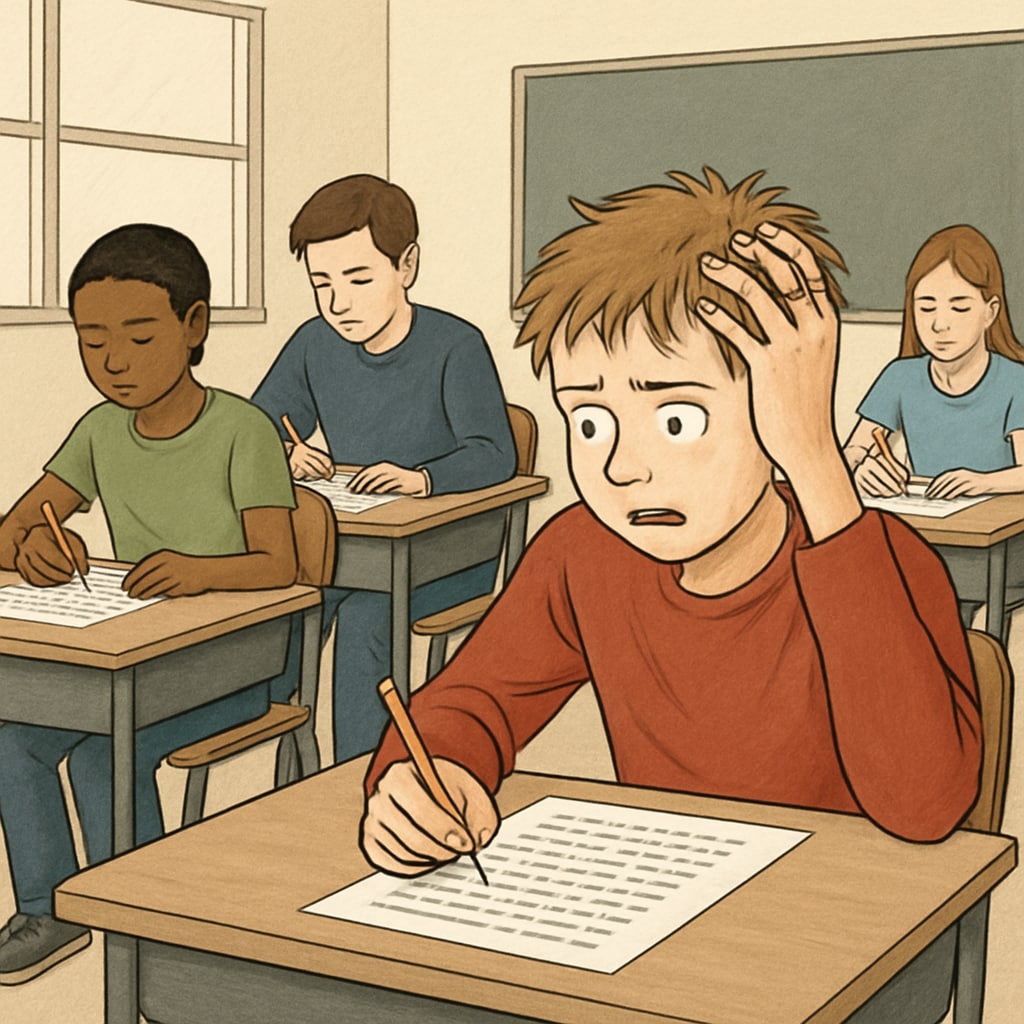 A standardized testing environment with students focusing, illustrating the challenges ADHD students face in this setting. Students in a standardized test environment, showcasing difficulties for ADHD learners.