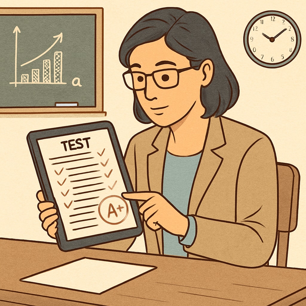 A teacher reviewing a student’s test results on a tablet, symbolizing assessment accuracy in K12 education. Teacher reviewing test results for K12 education accuracy.
