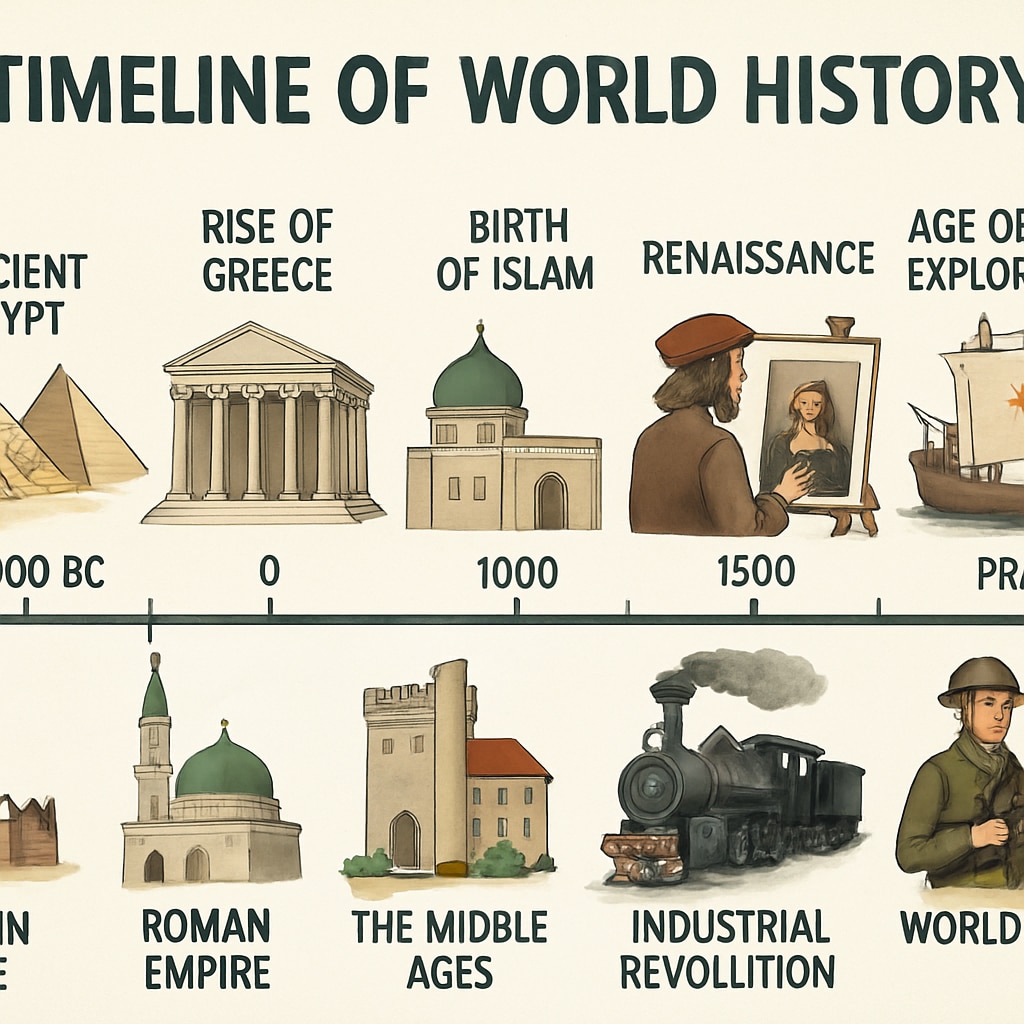 Timeline of world history with major events, representing historical learning for adults.