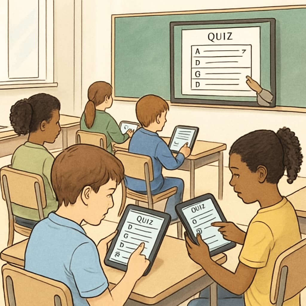 A classroom setting showing students engaged in an interactive digital assessment on tablets, emphasizing modern testing approaches. Students using tablets for interactive K12 assessments.