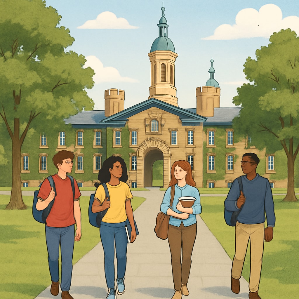 A group of students walking on Princeton University campus, symbolizing the exclusivity and prestige of Ivy League schools. Princeton University campus with students walking, representing Ivy League schools.