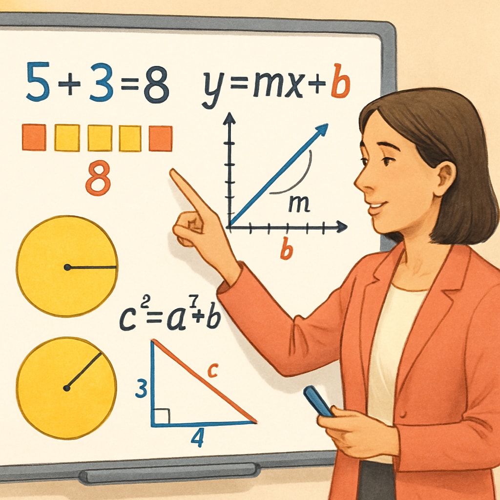An educator using an interactive whiteboard to explain mathematical concepts with colorful visual aids. A teacher demonstrating math concepts with visual aids, enhancing student engagement.