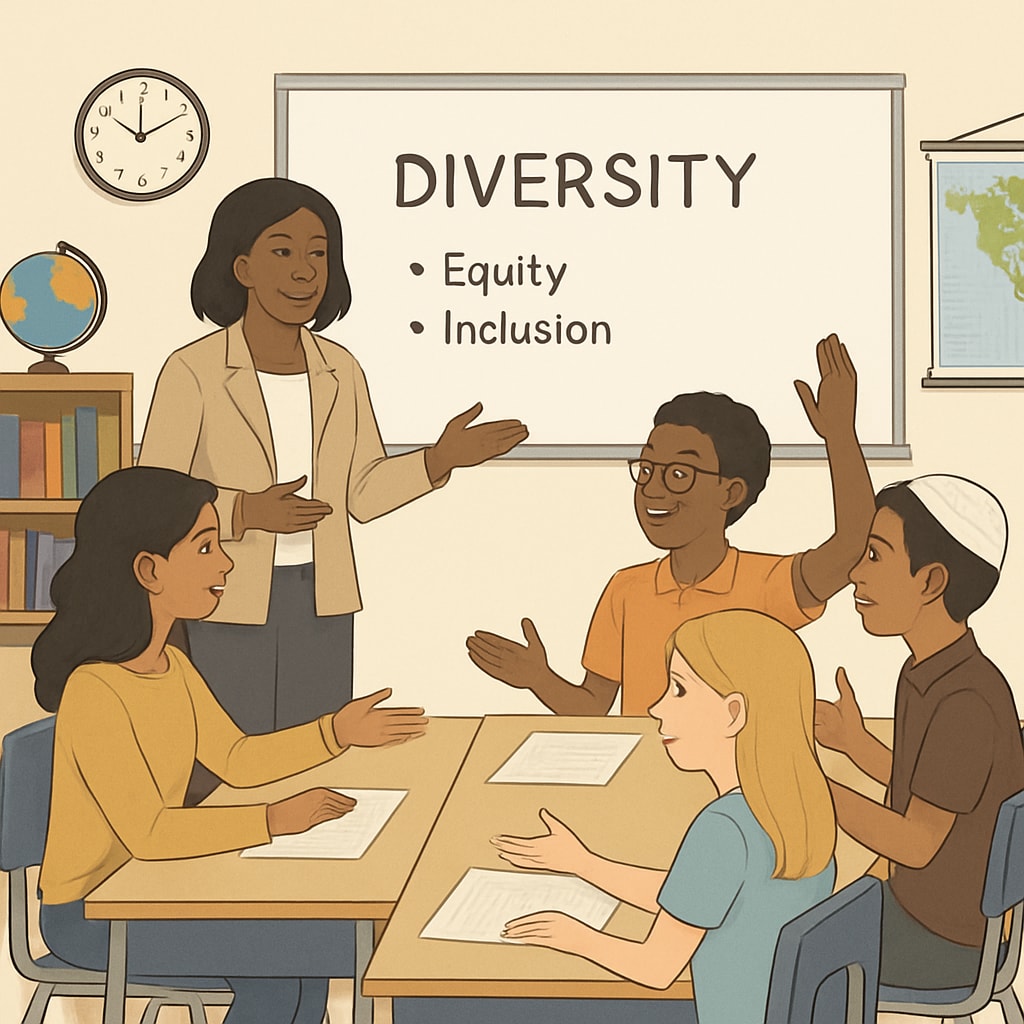 A classroom setting with students engaging in discussions on diversity topics, representing educational autonomy. Students discussing diversity topics in a classroom setting, emphasizing academic freedom.