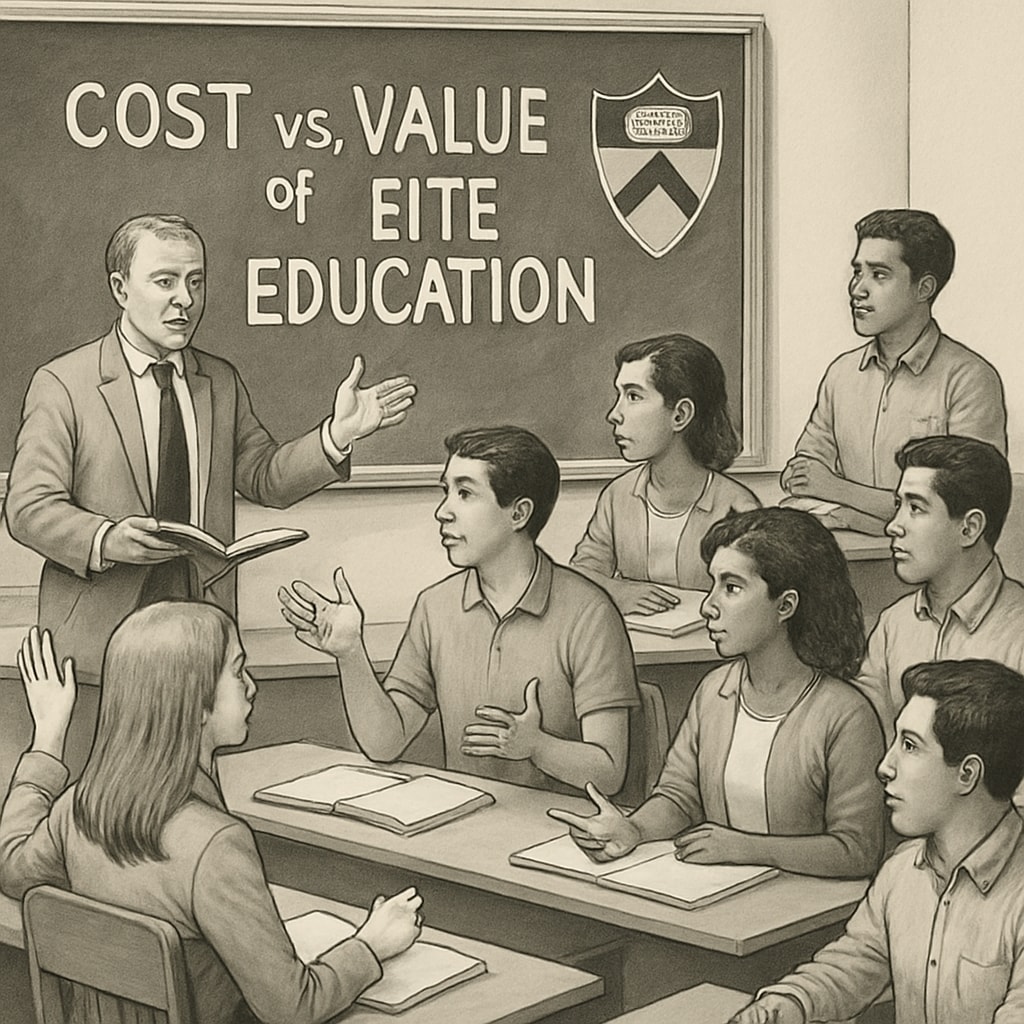 A Princeton classroom with students engaging in a lecture, highlighting the cost vs. value debate of elite education. A Princeton classroom with students during a lecture, emphasizing education costs.