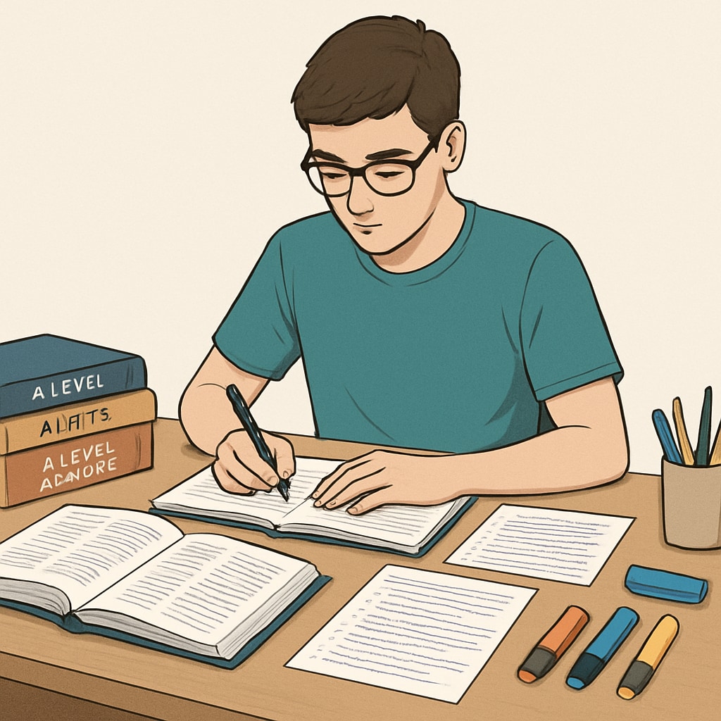 A student revising for A-level exams, with textbooks and notes spread across a desk. A student studying for A-level exams, representing the option to retake exams.