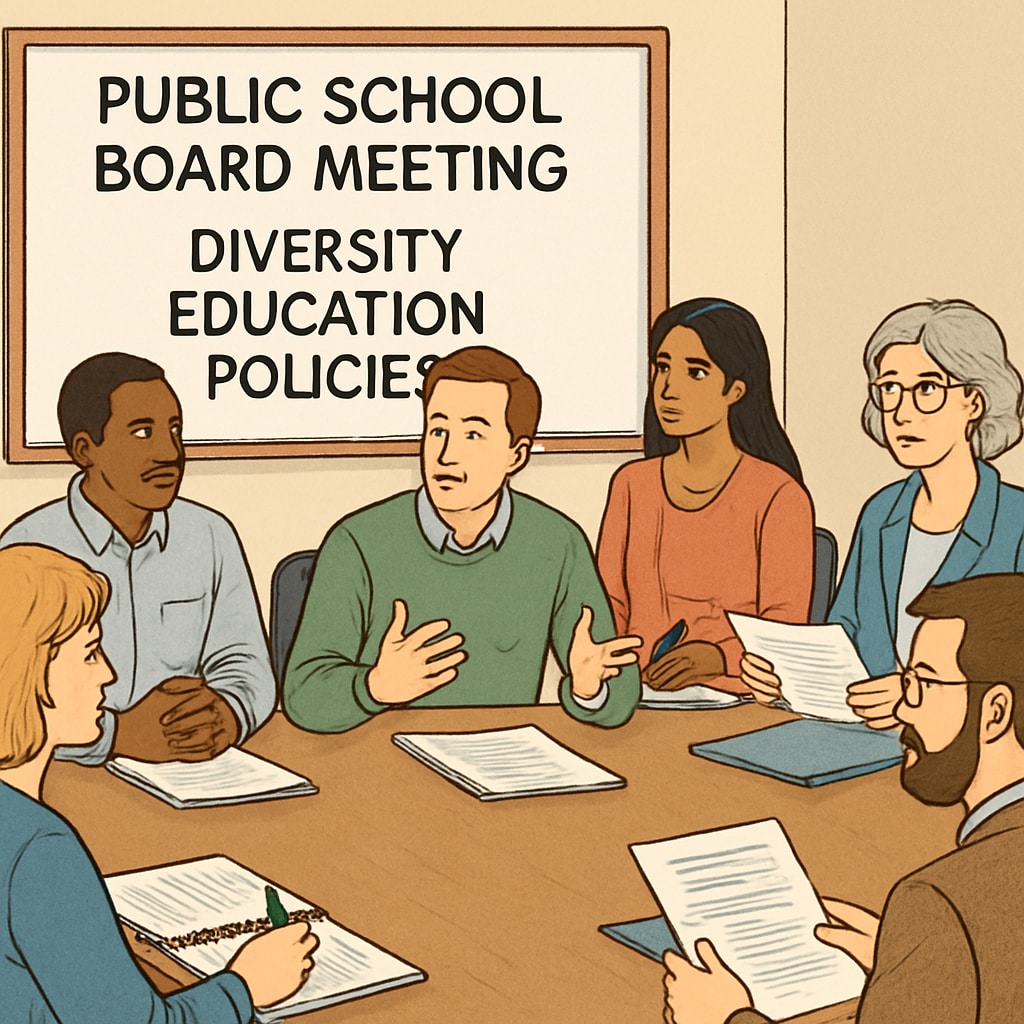 A public school board meeting discussing diversity education policies with parents and educators. School board meeting addressing concerns over diversity education policies.