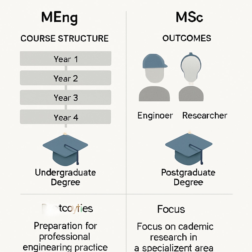 A detailed diagram comparing the course structure and outcomes of MEng vs. MSc in design engineering. A comparison chart highlighting key differences between MEng and MSc degrees in design engineering.