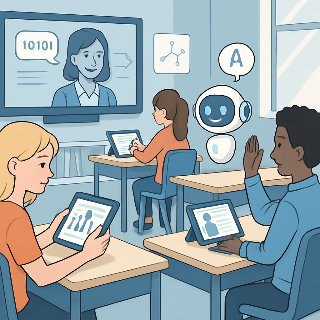A futuristic classroom where students are actively engaged with AI-powered learning tools such as tablets and virtual assistants. AI-powered learning tools in a futuristic classroom setting