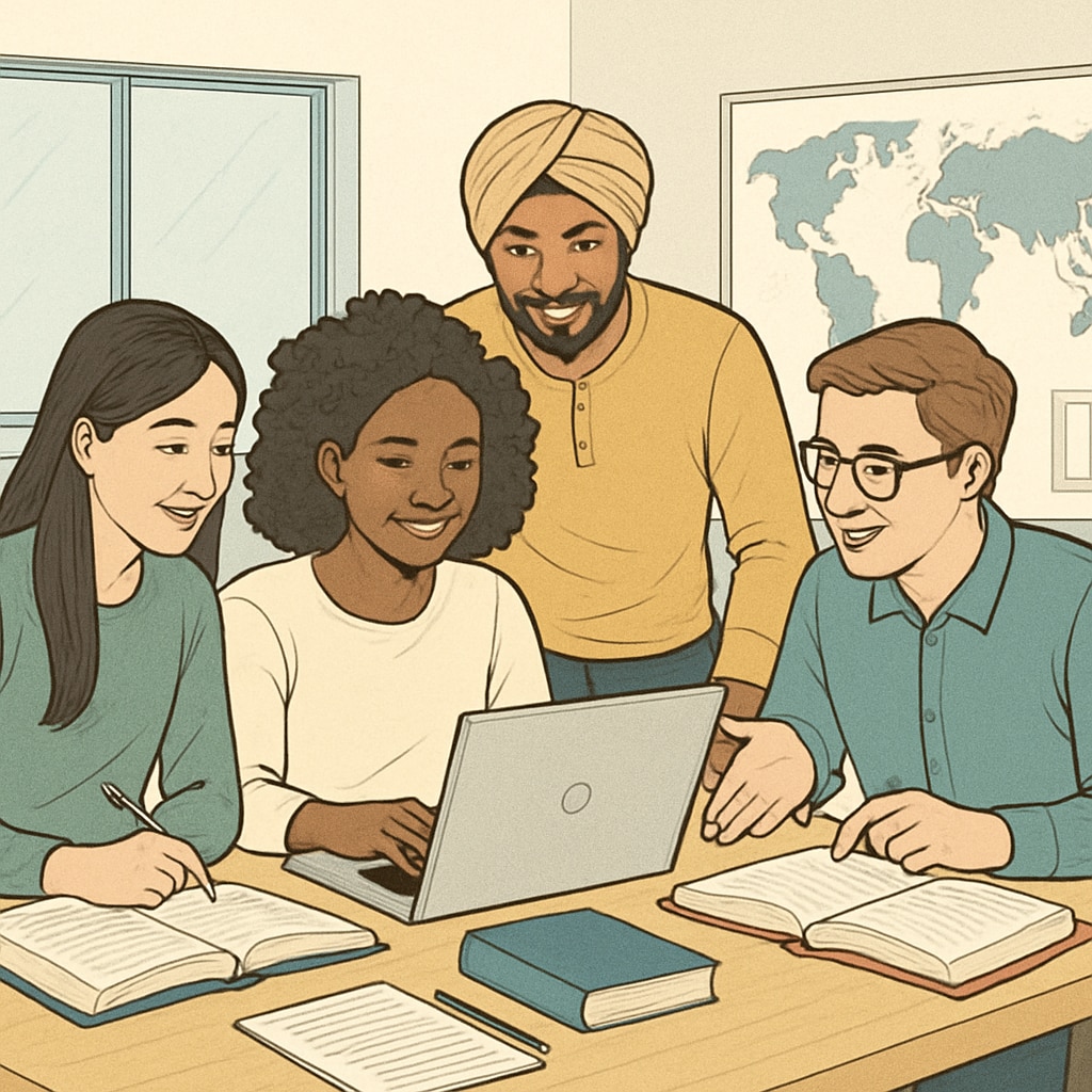 A group of international students working together in a modern classroom, symbolizing global education opportunities. International students collaborating in a classroom, representing overseas education pathways.
