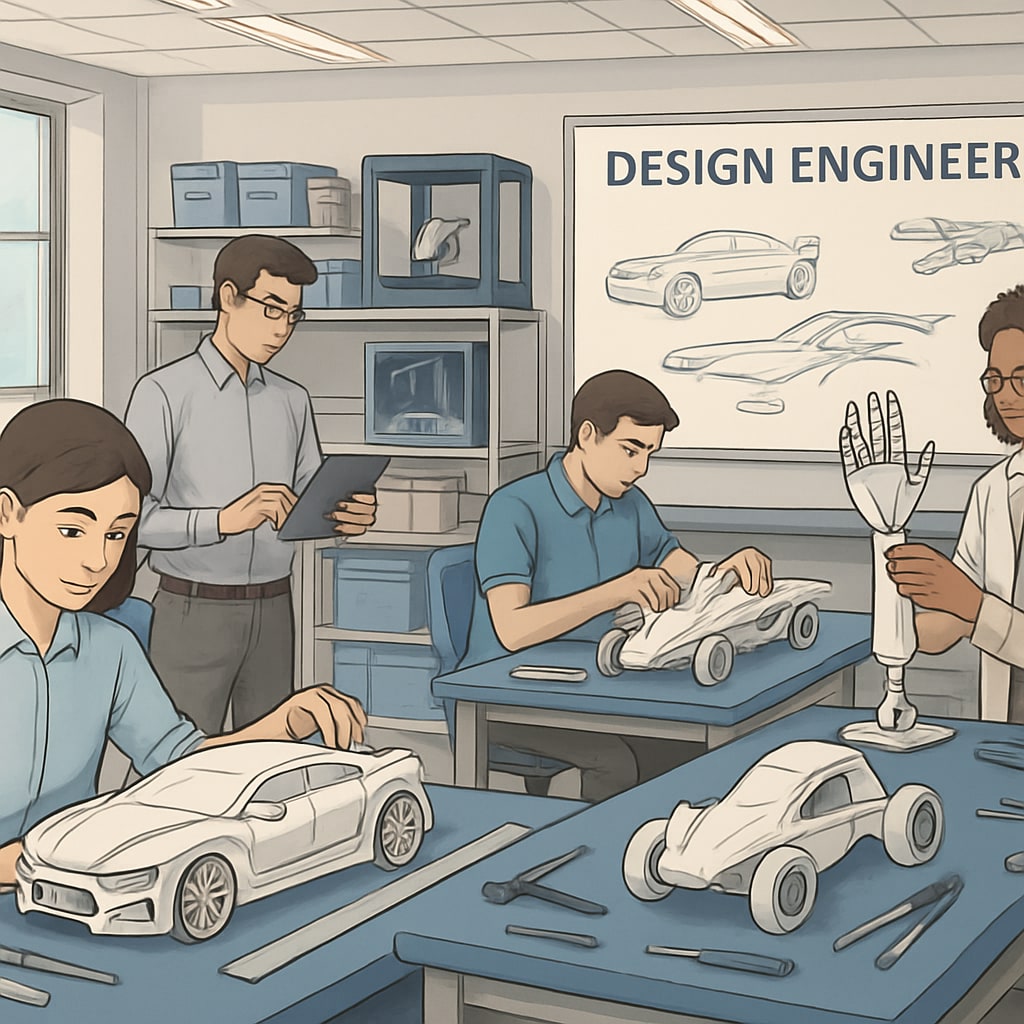 A futuristic design engineering workshop with students working on prototype models. Students in a design engineering lab creating prototypes with advanced tools.