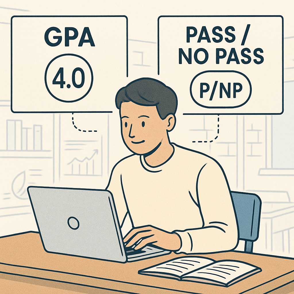 A student comparing grading systems on a laptop, symbolizing the dilemma of choosing between GPA and P/NP grading. Student analyzing GPA and P/NP grading systems, reflecting on career impact.